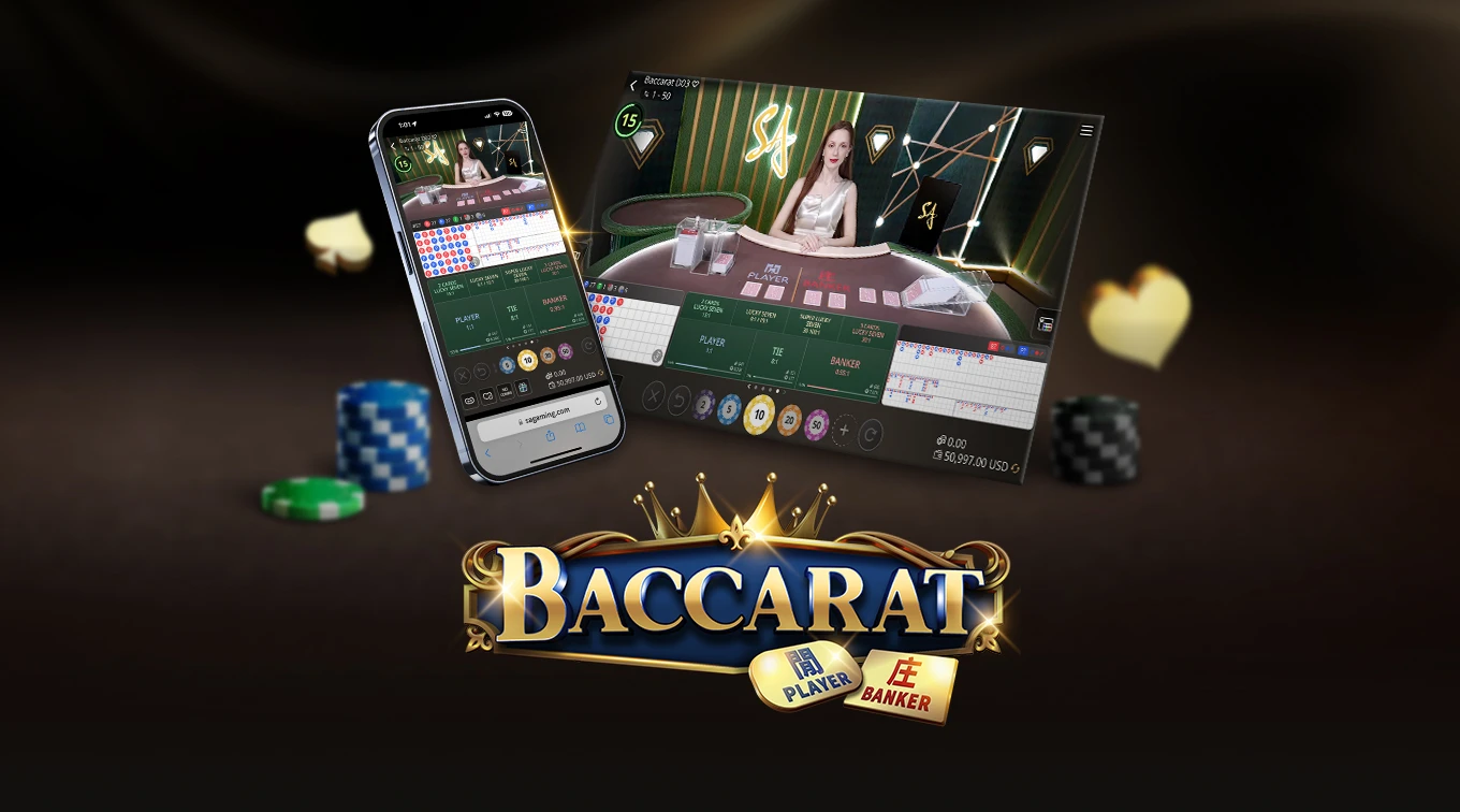 Mobile and desktop view of baccarat side bets interface by SA Gaming, live casino provider, including various Lucky Seven options