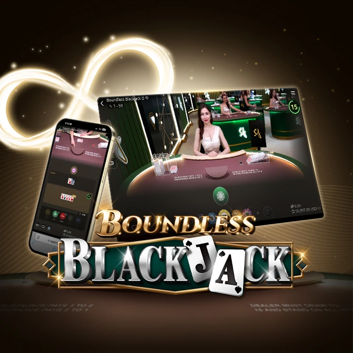 Boundless Blackjack game interface, showing a mobile and tablet view, featuring cards, glowing infinity sign, a table setup
