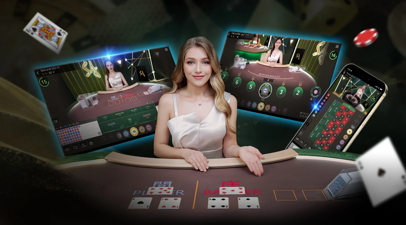 A graphic showcasing 'SA Gaming' with a woman in a red dress at the center. Surrounding her are two screens displaying online blackjack tables and a smartphone with game graphics. The background features a casino setting.