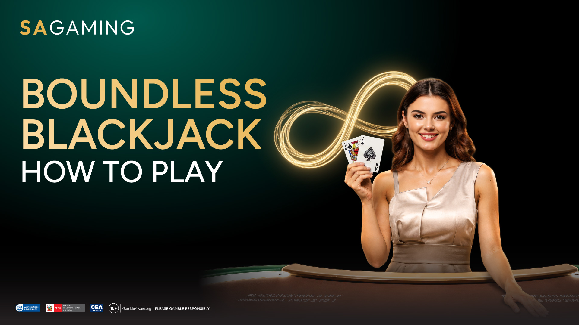 SA Gaming Boundless Blackjack "How to Play" guide cover featuring a live dealer holding cards with a glowing infinity sign background.